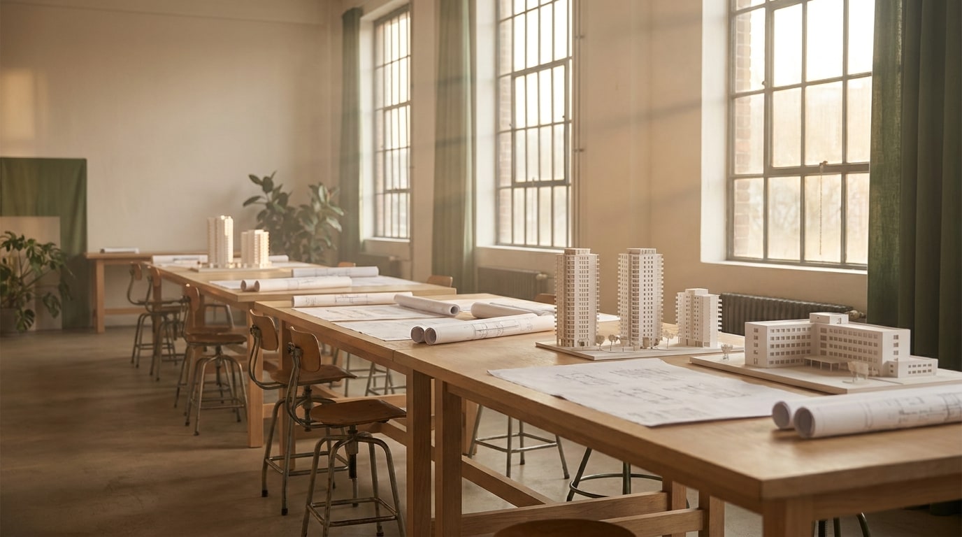 Ateliê de arquitetura com mesas de prancheta, rolos de desenho e maquetes de estudo