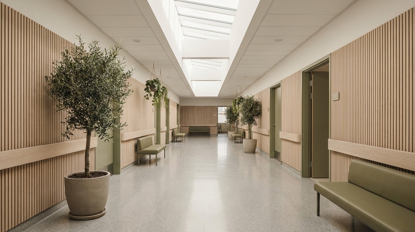 Corredor hospitalar humanizado com luz difusa